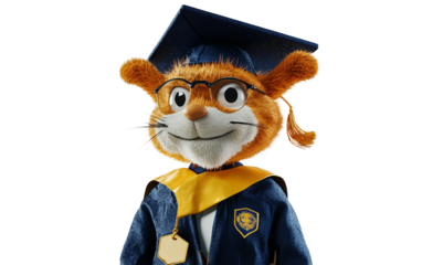 Detailed representation of a school mascot dressed in academic graduation attire isolated on white background PNG