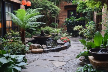 Outdoor courtyard with exotic plants and wooden furniture in peaceful setting