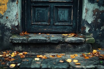 Weathered entrance to old building with scattered leaves and dark wooden door