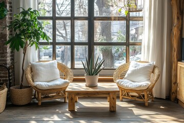 Stylish lounge area with natural lighting and modern furniture near large windows