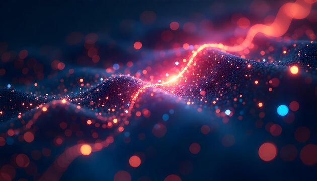 Abstract image of a wavy, glowing line made of orange and red particles on a dark background with blue and red glowing dots.