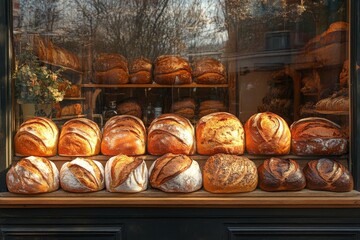Display of various freshly baked bread and pastries in bakery window