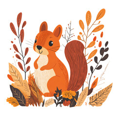A Cartoon Squirrel Peeking Out of a Bush Surrounded by Autumn Leaves Isolated on Transparent Background