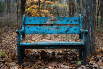 Blue wooden bench in autumn forest with fallen leaves on the ground