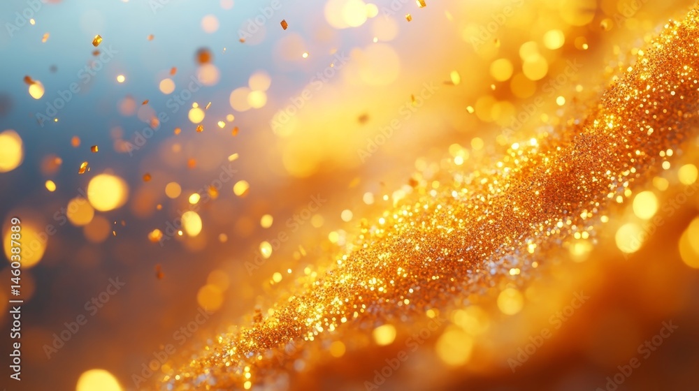 Poster golden glitter particles cascading in a dynamic display.