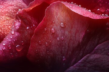 Extreme macro of red rose petal covered in water drops