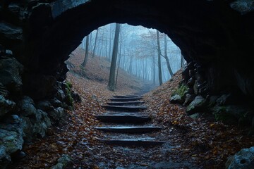 Dark stone tunnel with natural light shining from the exit