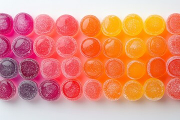 Arrangement of colorful round candies in soft lighting on white background