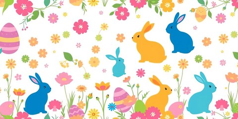 Seamless vector Easter pattern featuring colorful rabbit silhouettes, eggs, and wildflowers; ample empty space for design, seamless, repeat