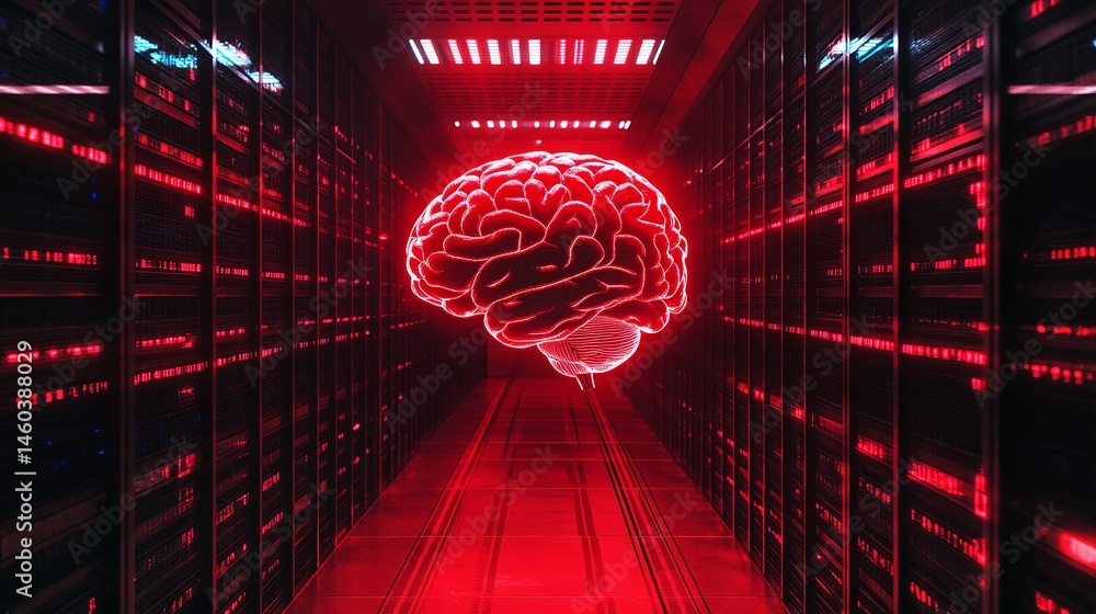Poster red neon brain in futuristic server room digital technology 3d data dark data cyber style light powe