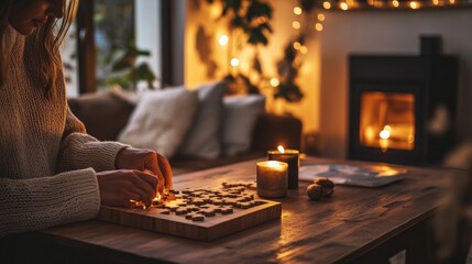 Cozy winter evening, woman solving a wooden puzzle.