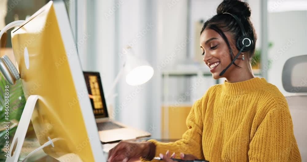 Poster call center, businesswoman and headset with computer for notes, crm questions and customer service. 