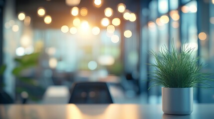 Fototapeta premium Abstract blurred office setting, soft lighting enveloping the space in a peaceful ambiance, fostering a productive atmosphere. 