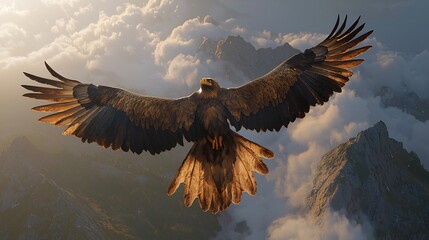 Obraz premium Colossal golden eagle soaring through clouds above a mountain range sunlight glinting off its wings cinematic sky ruler