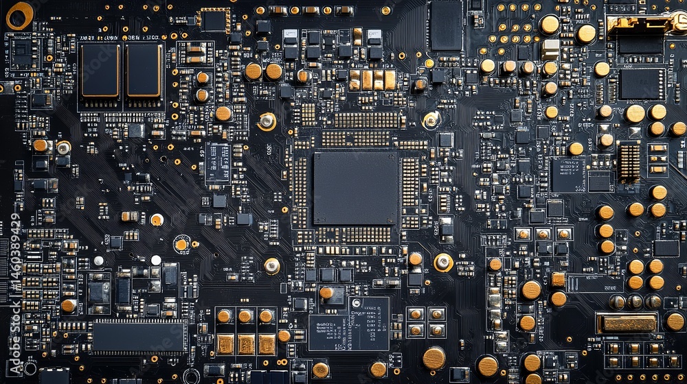 Poster detailed closeup of a modern black circuit board with gold components pcb tech grid design system
