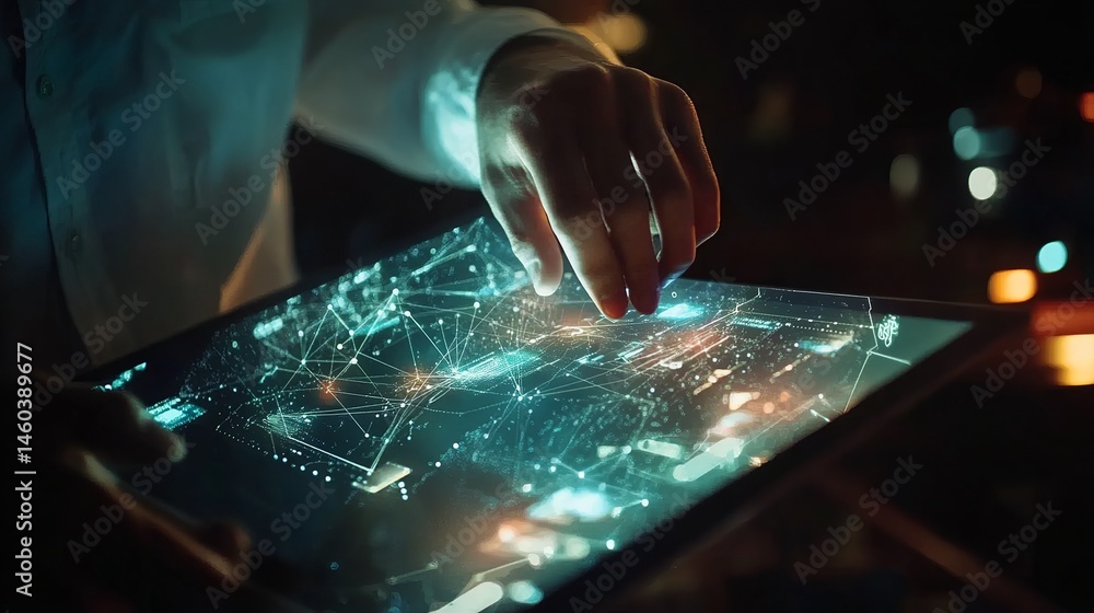 Aufkleber person using futuristic tablet technology digital interface glowing screen network data web hand blu