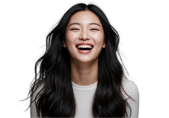 Joyful Asian Woman with Long Black Hair Laughing - Transparent Background