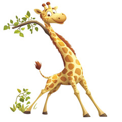 A Cartoon Giraffe Stretching to Reach a High Branch Isolated on Transparent Background