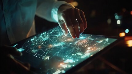 Person using futuristic tablet technology digital interface glowing screen network data web hand blue