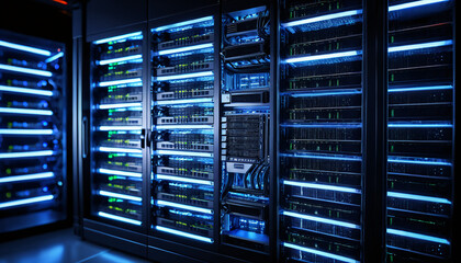 Rows of servers with lights glow coolly, creating a futuristic high-tech visual in dark setting.