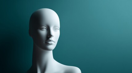 White mannequin head and shoulders against teal background, showcasing blank space for text or product display, ideal for fashion or beauty advertising mockups
