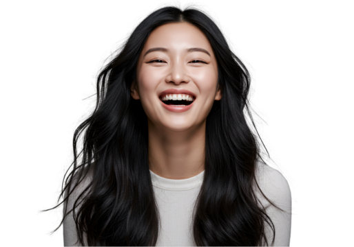 Joyful Asian Woman with Long Black Hair Laughing - Transparent Background