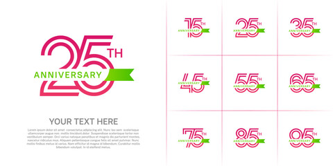 Anniversary logo type set with double line number. purple color with small green ribbon for celebration event