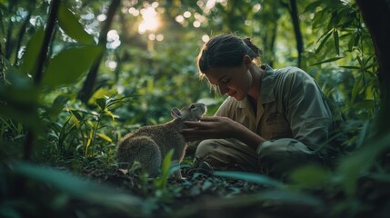 A woman and a rabbit in a lush forest setting.