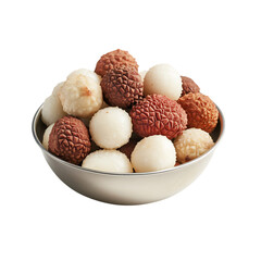 Lychee Coconut Mix in Stainless Steel Bowl Isolated on Transparent Background