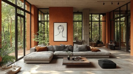 Interior living area with terracotta walls and large windows.