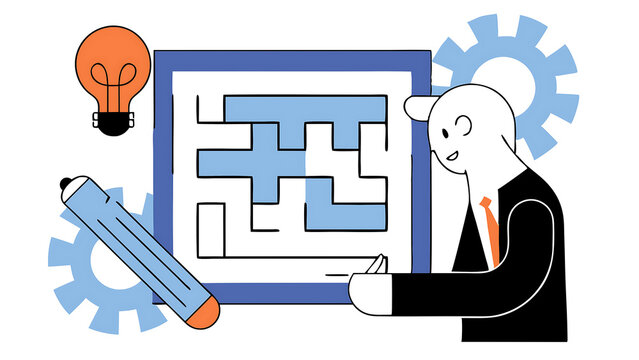 workaround or solution to bypass problem or difficulty creativity to overcome obstacle or solving business problem avoiding path concept businessman genius draw workaround line to solve labyrinth