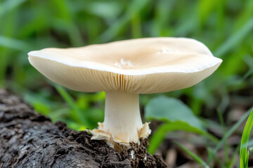 Mushroom growing on log in nature close up view