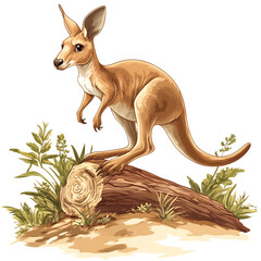 A Cartoon Kangaroo Hopping Over a Fallen Log Isolated on Transparent Background