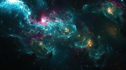 Fototapeta premium Deep space nebula swirling with vibrant colors. Cosmic clouds of gas and dust, star formations, and nebular emissions paint a breathtaking view of the universe