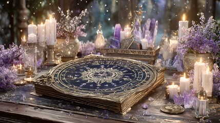 Mystic Table with Candles, Crystals, and Astrological Chart