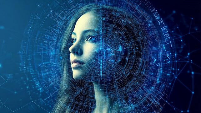 Woman futuristic portrait digital art blue technology background data girl face code style modern