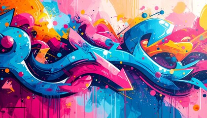 Abstract vibrant graffiti art. Pink, blue, orange hues. Bold, dynamic shapes and splashes. Perfect for modern design projects, backgrounds, and wall art.