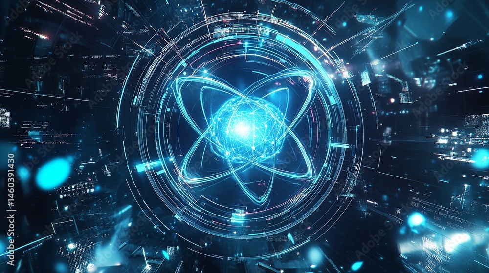 Poster abstract digital atom technology futuristic blue glow energy network data wave code cyber style ligh