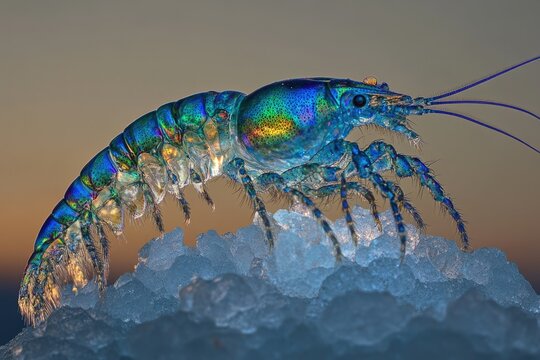 A vibrant, iridescent amphipod crustacean, strikingly detailed, perched on ice against a sunset backdrop.