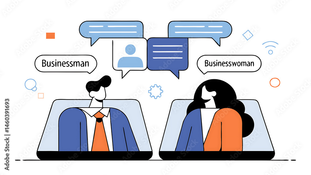 Aufkleber communication or work discussion sending message or telling new idea brainstorming to gather informa