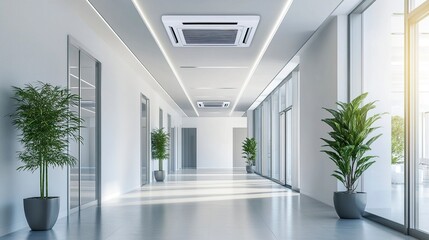 Obraz premium Bright office hallway featuring minimalist decor, visible air conditioning vents integrated seamlessly into the ceiling. 