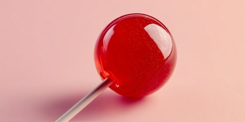 Red lollipop on pink background, glossy texture, simple composition,  suggests sweetness, joy, and childhood memories