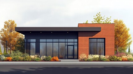 Building with a striking flat-angled roofline, aluminum siding, and prominent front windows, exuding a minimalist yet sophisticated look.  