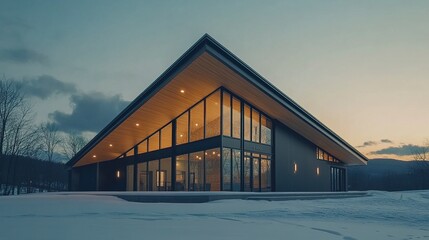 Fototapeta premium Building with a striking flat-angled roofline, aluminum siding, and prominent front windows, exuding a minimalist yet sophisticated look. 