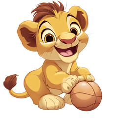 A Cartoon Lion Cub Playing with a Basketball Isolated on Transparent Background