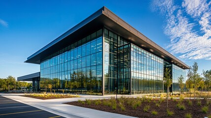 Obraz premium Captivating image of a glass-walled office building, clean lines and sharp angles creating a bold statement in modern architectural design. 