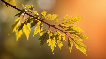 Branch with Fresh Green Leaves Against Warm Sunset Background