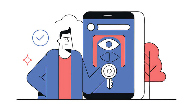 data privacy for internet user protect application to track or follow user behavior concept man holding key after lock the spy eye on smartphone to stop watching private information 070525