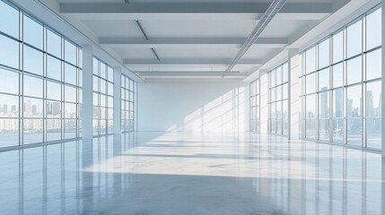 Clean and modern white building with large windows, minimalist style focusing on symmetry and open urban aesthetics 
