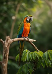 Obraz premium Colorful Macaw Parrot Perched on Tree Branch in Lush Tropical Forest